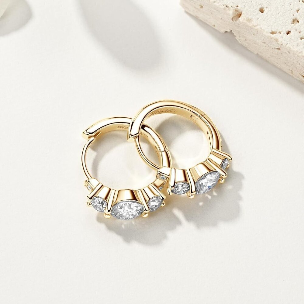 Sterling Silver 3 Stone Moissanite Hoop Earrings Hypoallergenic Jewelry Gifts - Picture 5 of 6